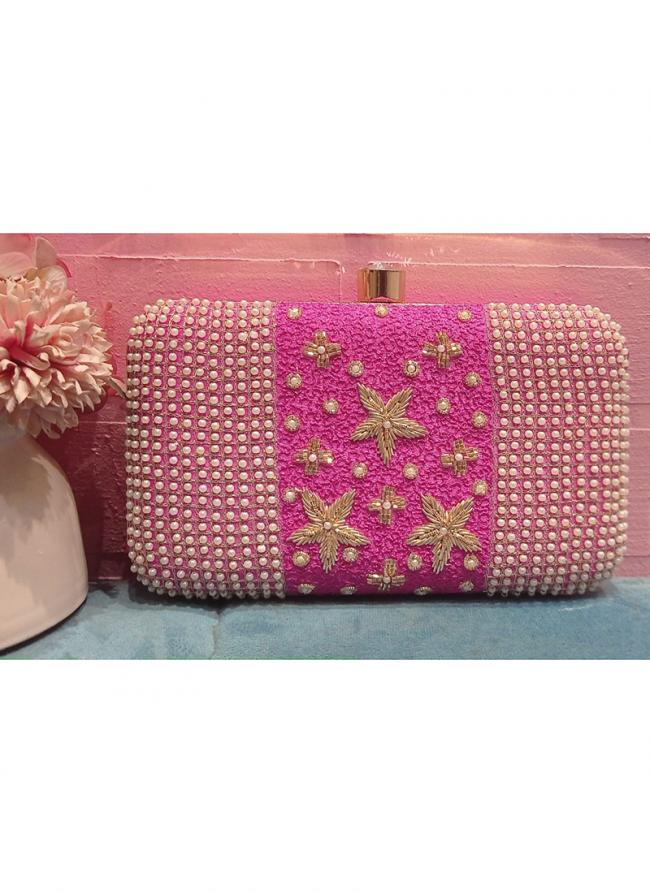 Poly Satin Pink Party Wear Hand Work Clutches